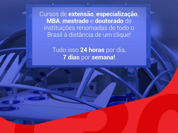 Cursos de extensão, especialização, MBA, mestrado e doutorado de instituições renomadas de todo o Brasil à distância de um clique! Tudo isso 24 horas por dia, 7 dias por semana!