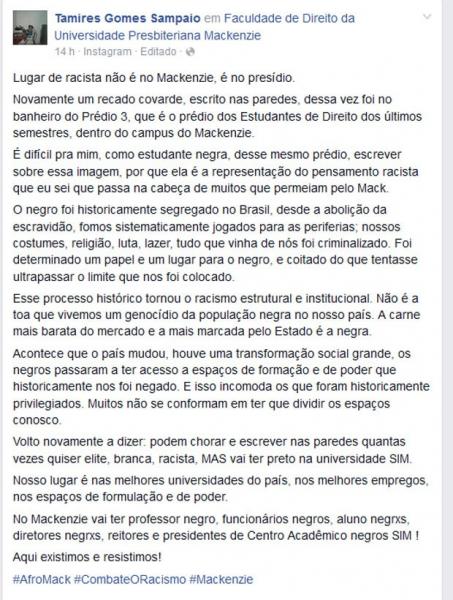 A estudante Tamires Gomes Sampaio postou sua indignação contra a pixação racista (Foto: Reprodução/Facebook/Tamires Gomes Sampaio)