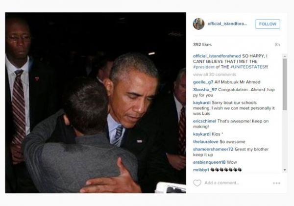 Ahmed Mohamed, aluno de 14 anos que foi preso por engano em sua escola, nos EUA, postou uma foto com Barack Obama em sua conta no Instagram (Foto: Reprodução/Instagram)