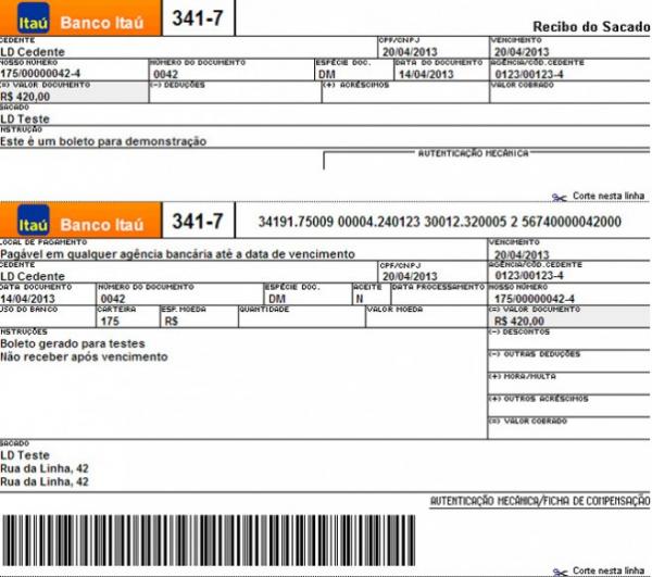 Boleto de testes original com código e logo Itaú.