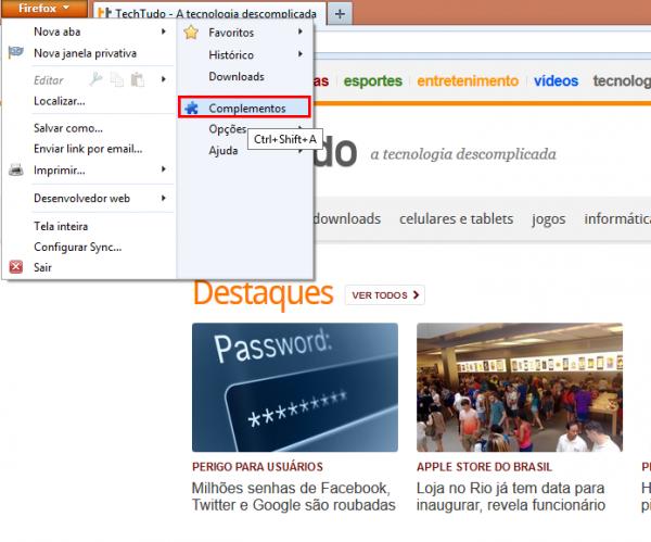 No Firefox, vá em Complementos (Foto: Reprodução/Paulo Alves) (Foto: No Firefox, vá em Complementos (Foto: Reprodução/Paulo Alves))