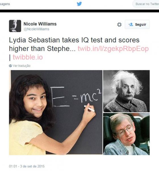 Nas redes sociais, feito de Lydia foi comparado com QI de Einstein e Hawking (Foto: Reprodução/Twitter)